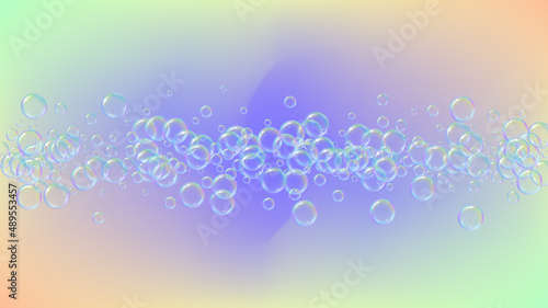 Bubble foam. Detergent and shampoo suds for bath. Soap. 3d vector illustration poster. Aqua fizz and splash. Realistic water frame and border. Blue colorful liquid bubble foam.