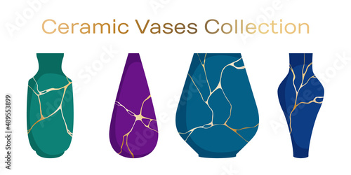 Ceramic vases for flower bouquets vector collection. Home decor interior objects illustration..