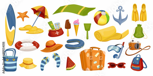 Travel and vacation. Cartoon collection of suitcase, hat, photo camera, summer journey concept. Vector set