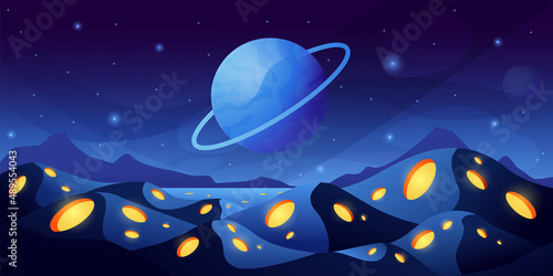 Alien planet landscape. Space science fiction game background, fantastic world scene with cosmic sky. Vector illustration
