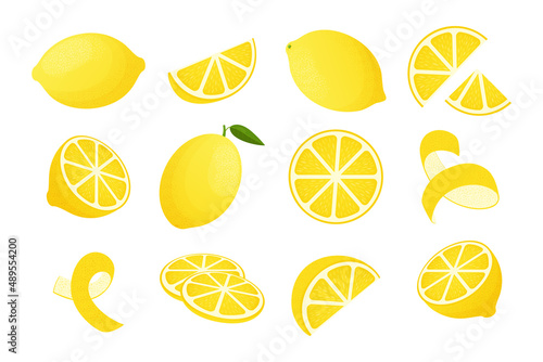 Cartoon lemon. Yellow citrus peel, piece and slice logo, and chopped lemons. Vector lemonade ingredient set