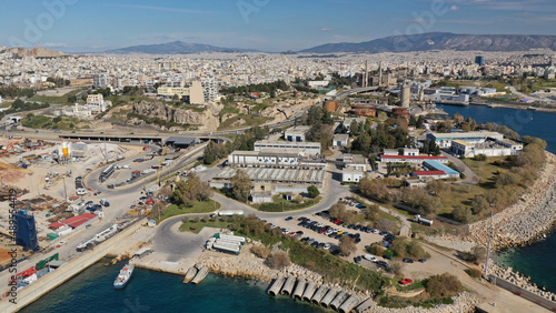 Aerial drone photo of Public Hellenic Transportation facilities in Drapetsona, Piraeus, Attica, Greece