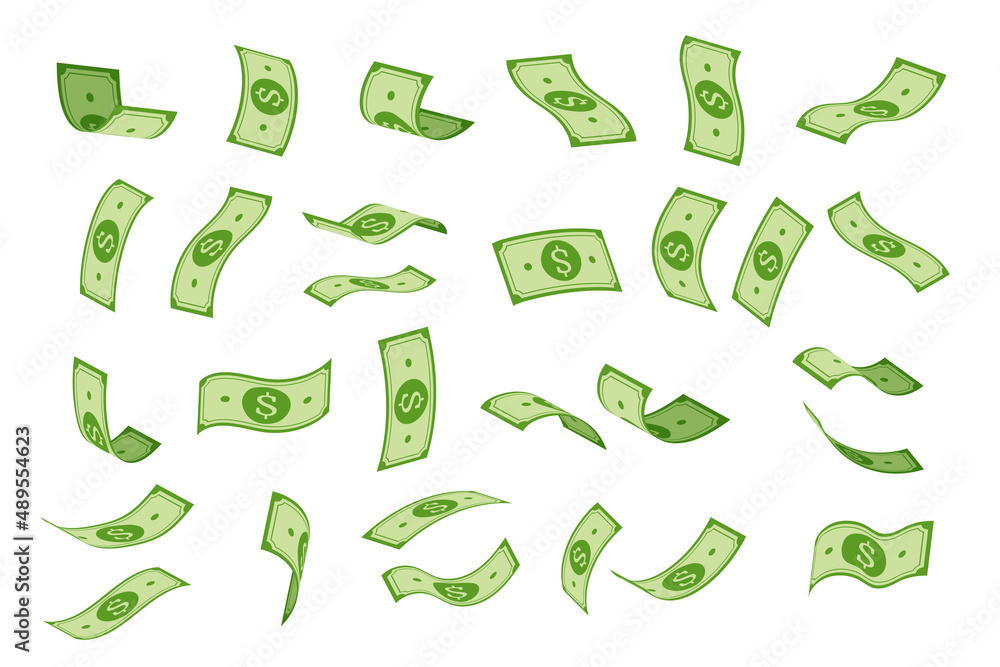 Flying money. Cartoon falling dollar banknotes, American bank currency. Vector isolated set Flying money. Cartoon falling dollar banknotes, American bank currency. Vector isolated set