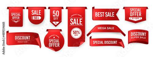 Red ribbon label. Price discount promotion banner, special offer sticker. Vector isolated set