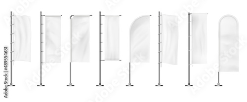 Vertical flag . White promotion fabric on flagpole, realistic waving advertising cloth. Vector set