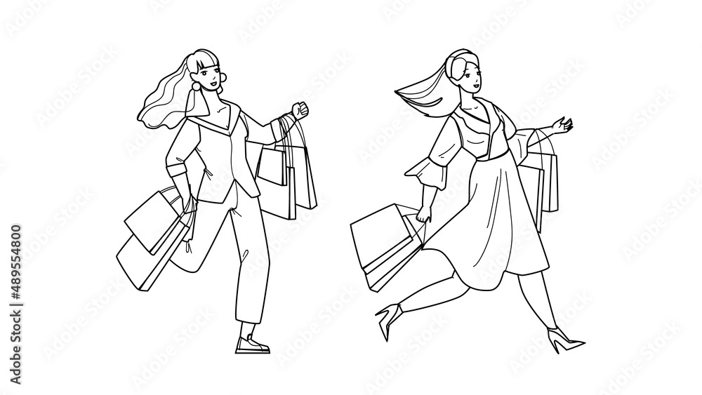 Women Running On Sale Shopping Together Black Line Pencil Drawing Vector. Happy Girls Shoppers With Bag Run On Seasonal Sale Shopping And Buying. Characters Ladies Customers Consumerism Illustration