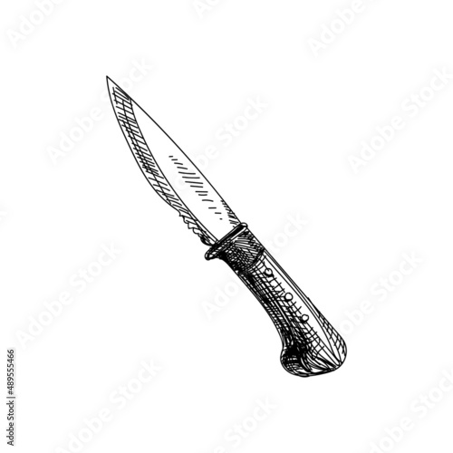 Camping knife hand drawn black and white vector illustration.