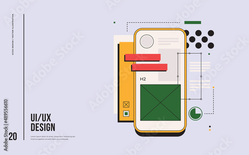 Mobile UI/UX development design concept. Smartphone with interface elements. Digital industry. Innovation and technologies. Mobile app. Vector flat illustration for web page, banner, presentation.