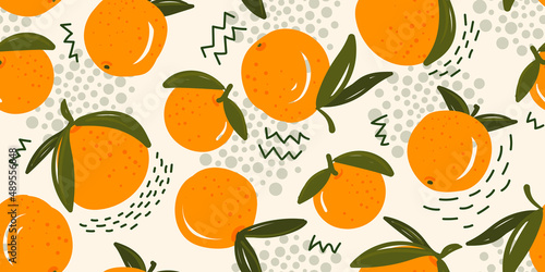 Fototapeta Naklejka Na Ścianę i Meble -  Seamless bright light pattern with Fresh oranges for fabric, drawing labels, print on t-shirt, wallpaper of children's room, fruit background. Drawing orange doodle style cheerful background.