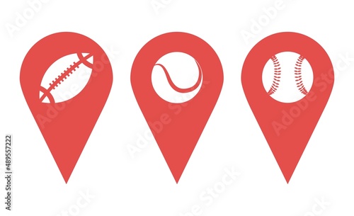 Map pointers icon set. Location pin collection. Set pointers, sport club, playground, stadium, sport, balls. Pointer icon pin on the map to show the location. Vector illustration