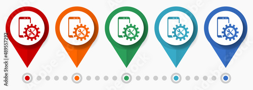 Mobile phone service concept vector icon set, flat design smartphone repair pointers, infographic template easy to edit