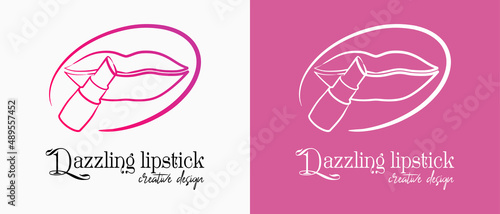 lipstick logo design with lips icon in line art concept. premium vector makeup or lifestyle logo illustration