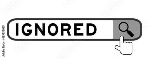 Search banner in word ignored with hand over magnifier icon on white background