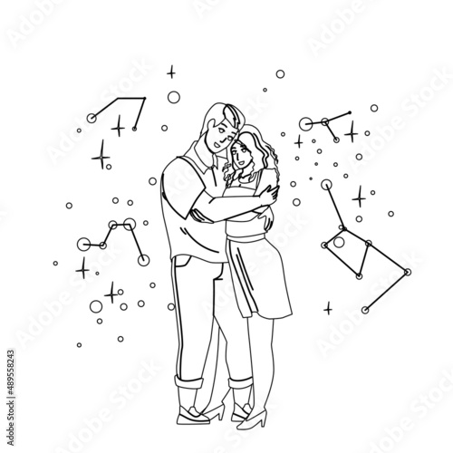 Couple Man And Woman Researching Night Sky Black Line Pencil Drawing Vector. Young Boy And Girl Looking At Starry Night Sky And Research Stars Constellation. Characters Romantic Dating Illustration