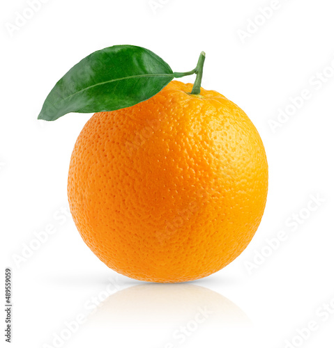 Orange fruit with green leaf isolated on white background with clipping path.