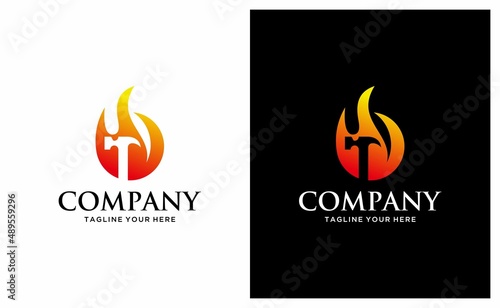 Fire flame and hammer logo design vector template. on a black and white background.