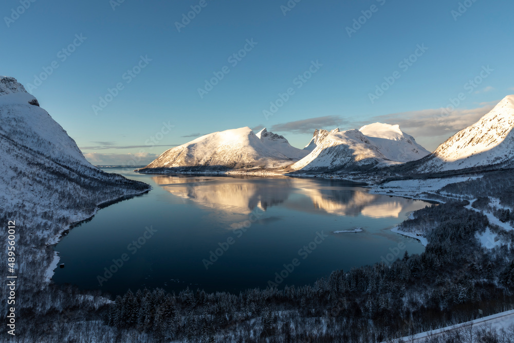 fjord Bergsbotn on island Senja, Norway in winter