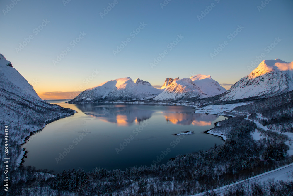 fjord Bergsbotn on island Senja, Norway in winter