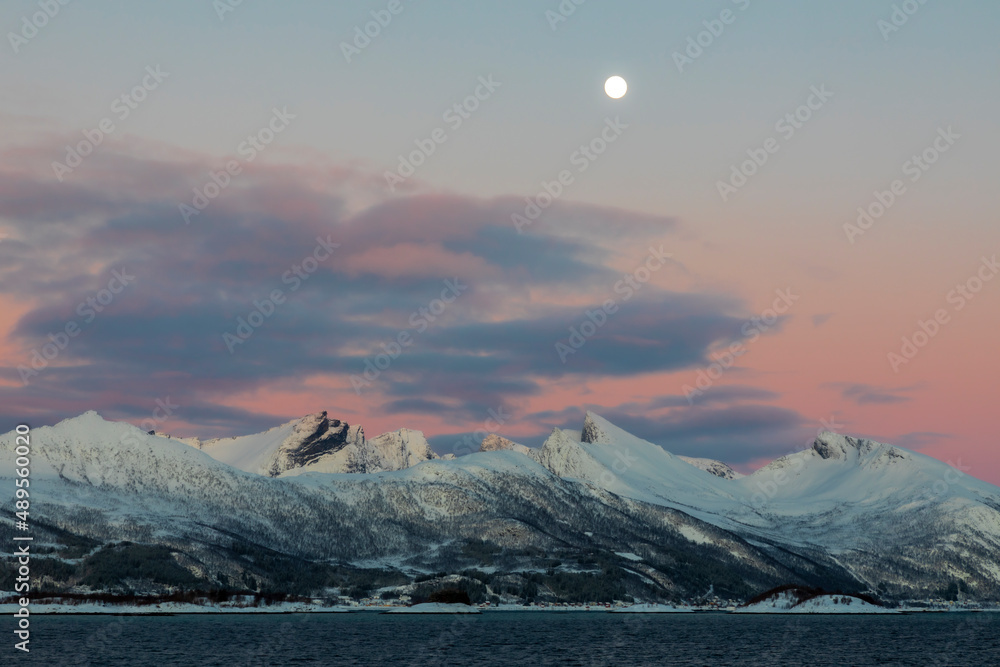 coastline on Senja island in Norway on a clear cold winter day