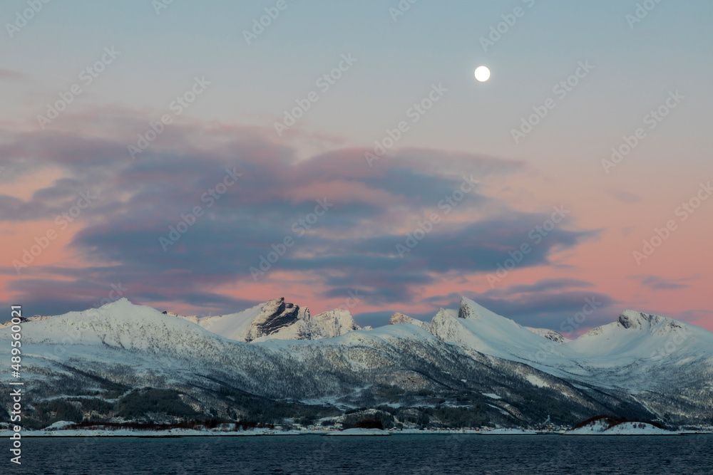 coastline on Senja island in Norway on a clear cold winter day