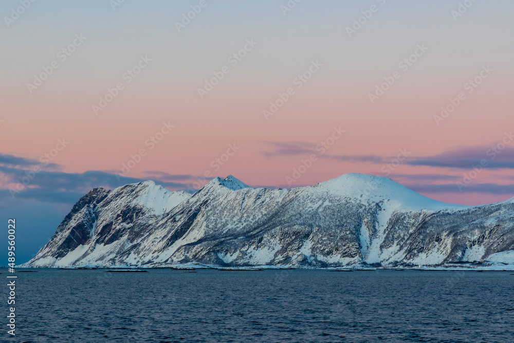 coastline on Senja island in Norway on a clear cold winter day