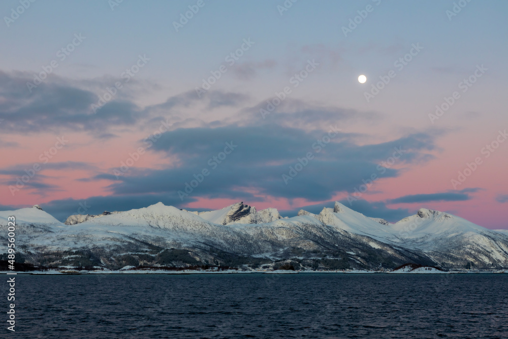 coastline on Senja island in Norway on a clear cold winter day