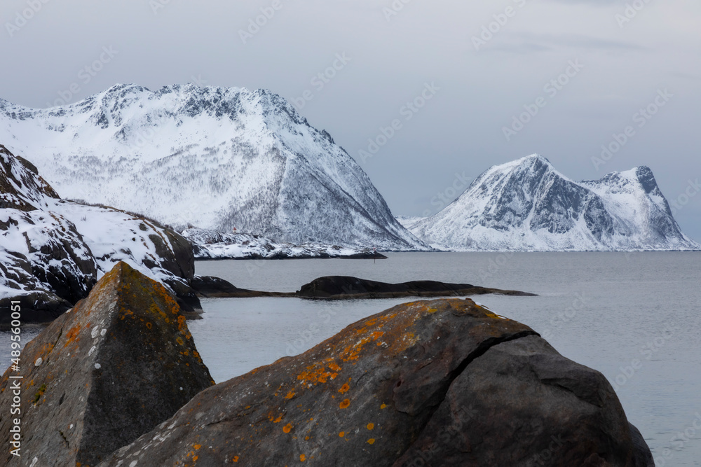 coastline near village Hamn on Senja island in Norway on a clear cold winter day
