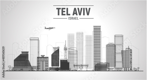 Tel Aviv Israel line city silhouette skyline on white background. Vector Illustration. Business travel and tourism concept with modern buildings. Image for presentation, banner, website.