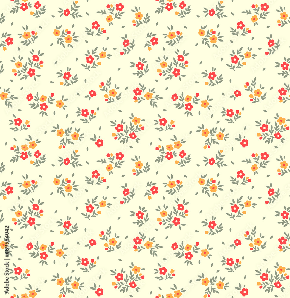 Spring flowers print. Vector seamless floral pattern. Floral design for fashion prints. Endless print made of small yellow and red flowers. Elegant template. Ivory background. Stock vector. Spring flowers print. Vector seamless floral pattern. Floral design for fashion prints. Endless print made of small yellow and red flowers. Elegant template. Ivory background. Stock vector.