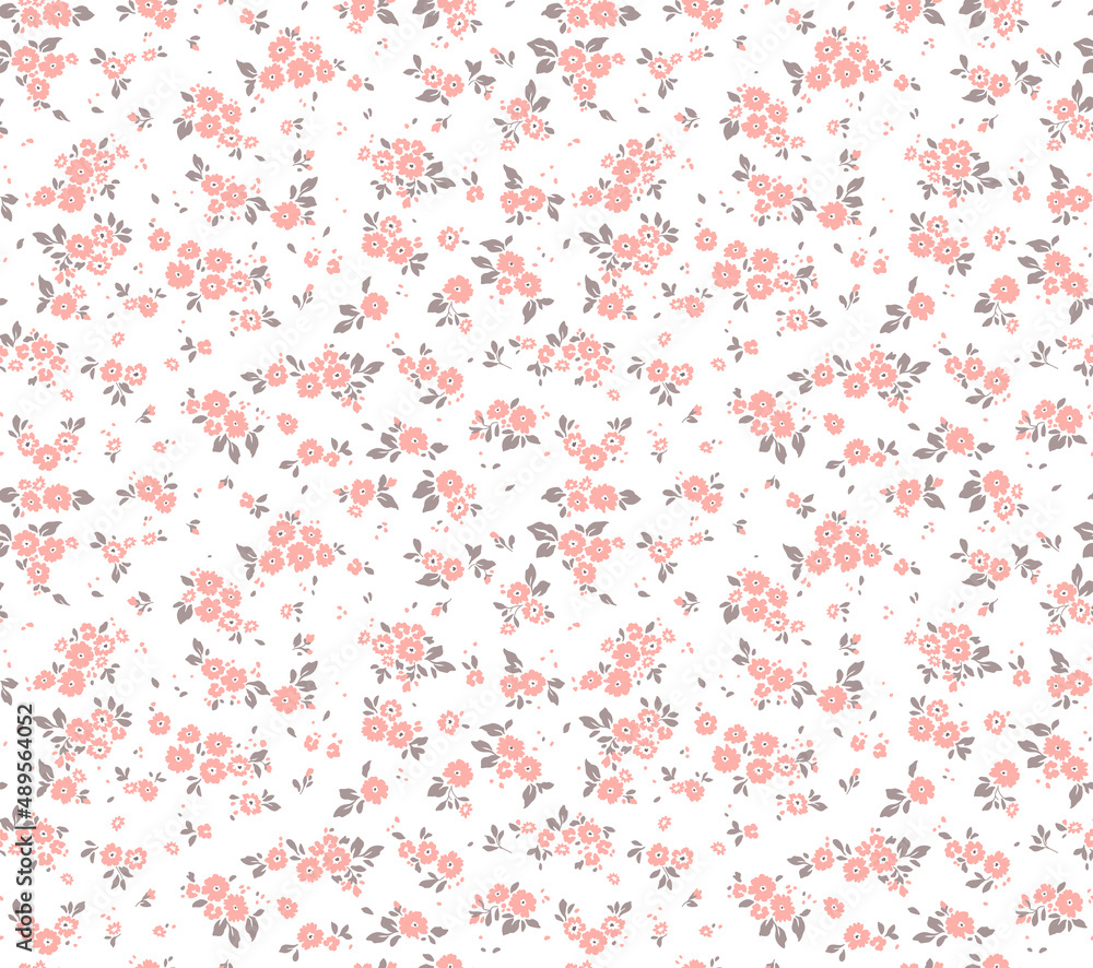 Spring flowers print. Vector seamless floral pattern. Floral design for fashion prints. Endless print made of small pastel pink flowers. Elegant template. White background. Stock vector.