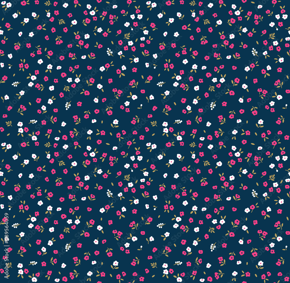 Cute floral pattern in the small daisy flower. Seamless vector texture. Elegant template for fashion prints. Printing with small white and pink fuchsia flowers. Blue background.