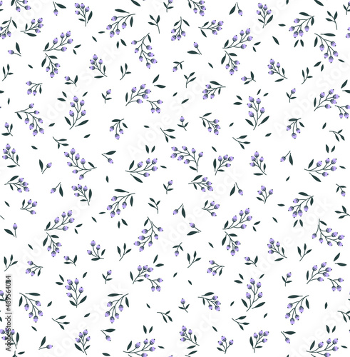 Vector seamless pattern. Pretty pattern in small flower branches with berries. Small lilac flowers. White background. Ditsy floral background. The elegant the template for fashion prints. Stock vector