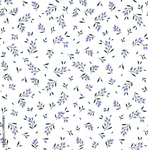 Vector seamless pattern. Pretty pattern in small flower branches with berries. Small lilac flowers. White background. Ditsy floral background. The elegant the template for fashion prints. Stock vector