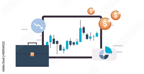 Digital tablet computer analyzing sales data and annual report, economic growth, financial graph, business strategy and planning, digital marketing stock market flat vector illustration.
