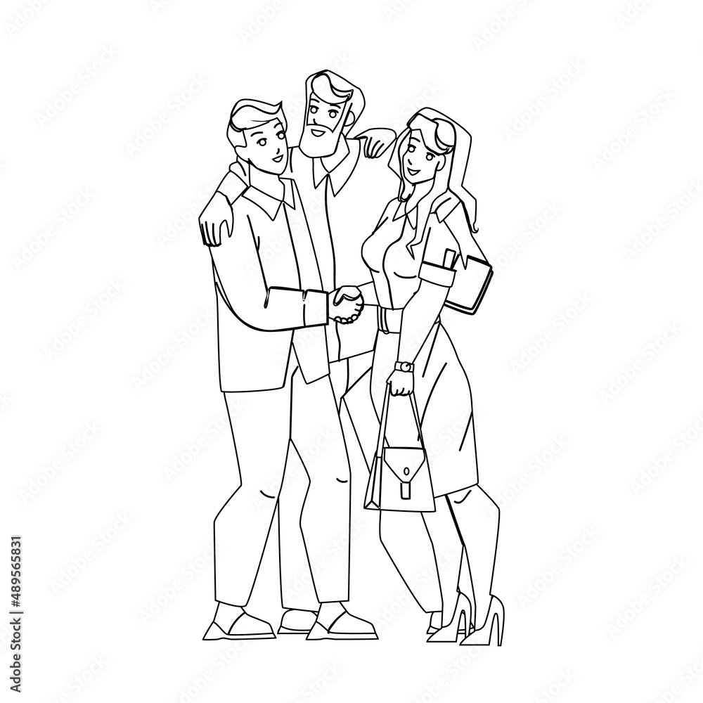 Partners Man And Girl Embracing Together Black Line Pencil Drawing Vector. Businessman And Businesswoman Partners Hugging After Deal Or Successful Achievement. Characters Employees Team Work