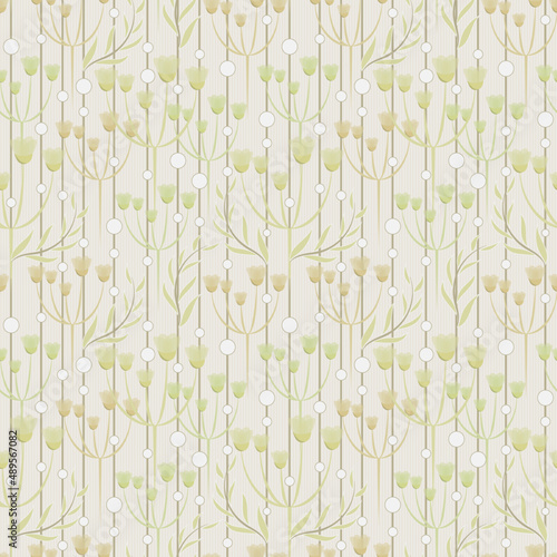 Seamless repeat pattern. Floral, botanical flowers and leaves in neutral, muted and calming colors of creme, green and tan. 