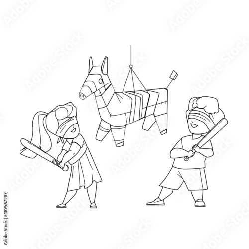 Pinata Hitting Little Boy And Girl On Party Black Line Pencil Drawing Vector. Pinata With Candies Hit Small Schoolboy And Schoolgirl On Mexican Traditional Event. Happy Characters Children