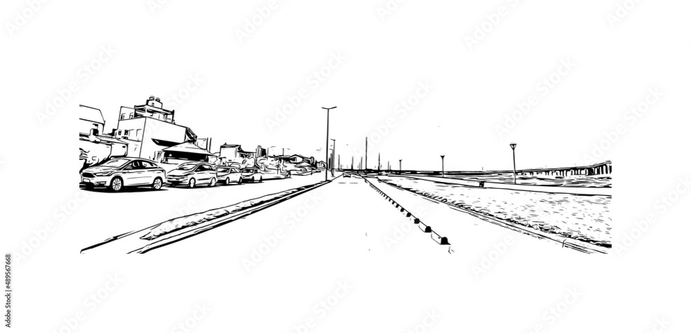 Obraz premium Building view with landmark of Miramar is the city in Florida. Hand drawn sketch illustration in vector.