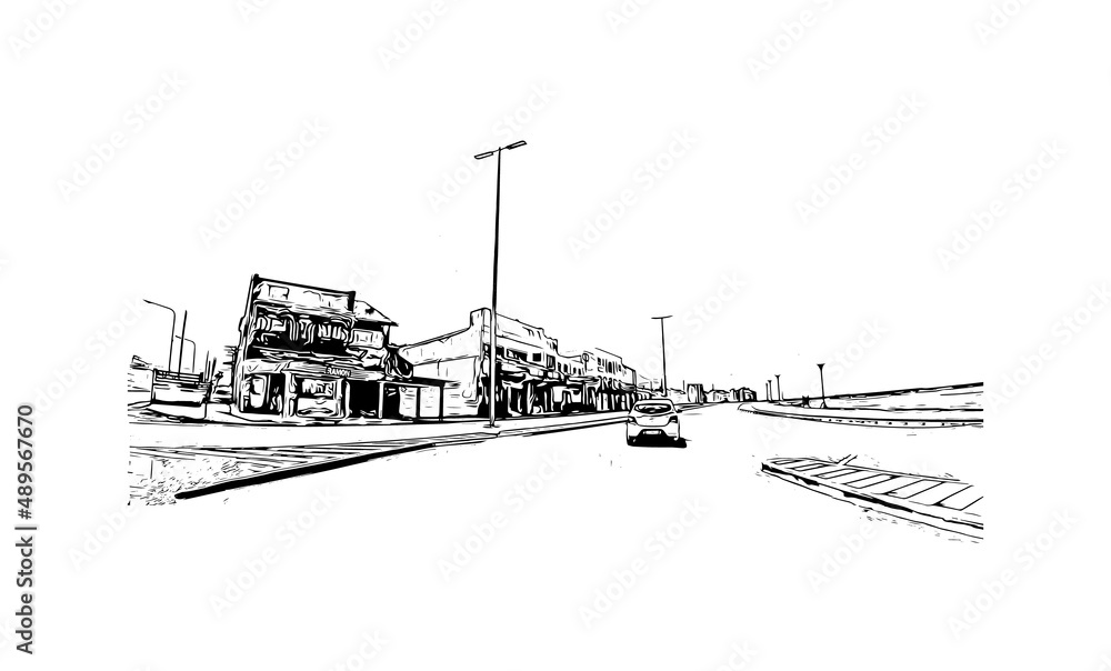 Building view with landmark of Miramar is the 
city in Florida. Hand drawn sketch illustration in vector.