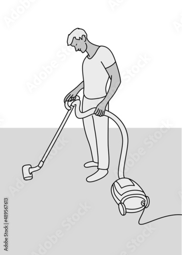 Vector concept illustration of a young adult man using a vacuum cleaner