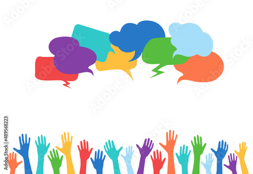 Colorful speech bubbles and anonymous arms and raised hands of multiethnic multicultural group people. Racial equality. Crowd diversity people. diverse races. Communication.