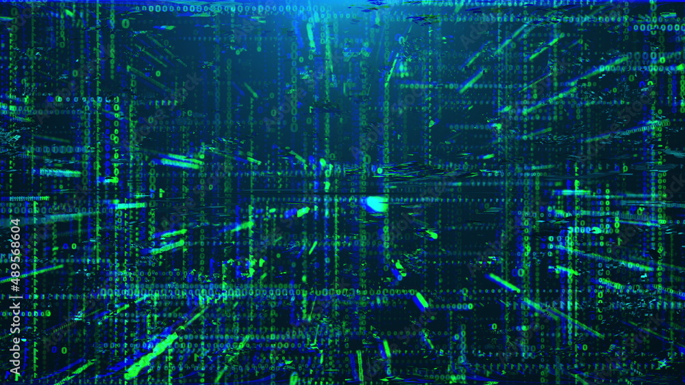 Transmission corruption 3d data render in cyber structure of matrix information. Static failure with decaying web computer decor effects. Hacker intervention in system.