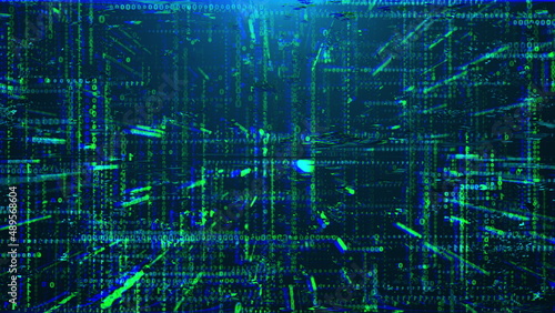 Transmission corruption 3d data render in cyber structure of matrix information. Static failure with decaying web computer decor effects. Hacker intervention in system.