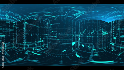 Panoramic view of data matrix code in 3d render volumetric futuristic design. Cyber columns with incoming information on servers with swirl of information processing and web lines of numbers.