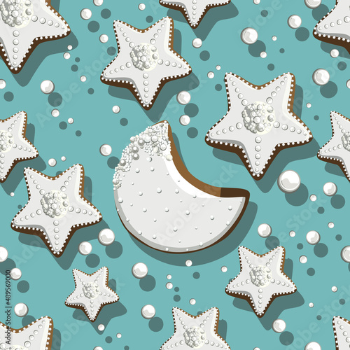 Seamless Christmas, New Year pattern. Cookies in the form of the moon and stars on a turquoise background.
