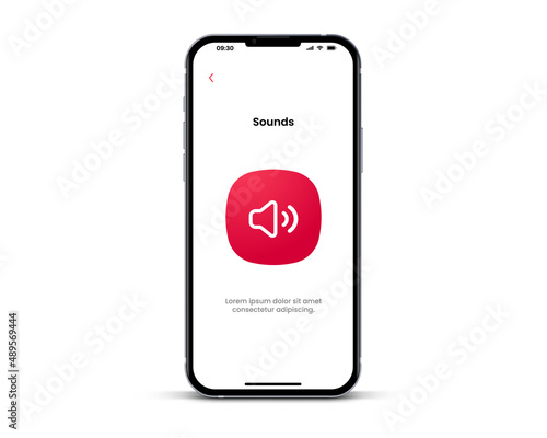 3d isolated vector elements. Minimal modern sound, noise, notification, voice adjust icon emblem symbol with ultra realistic smartphone. 3d red sound icon. Mobile app icons. Device UI UX mockup.