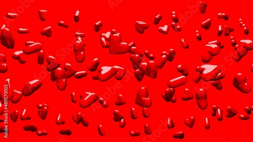 Red hearts on red background. 3D illustration for background. 