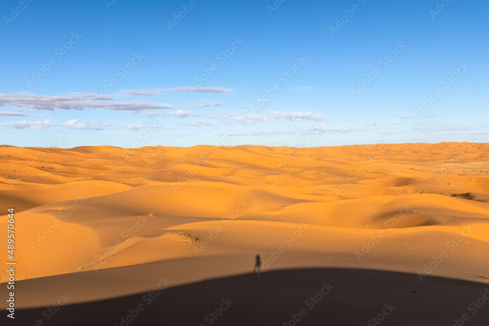 Shadow of the photographer in Sahara Desert landscape
On the top of the sand dune shooting the golden yellow vast sand dunes and cloudy blue sky.