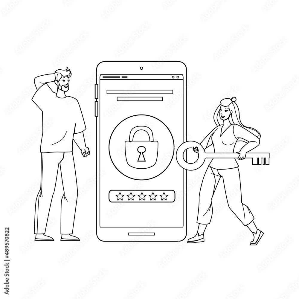Password And Login Device Security System Black Line Pencil Drawing Vector. Man And Woman Users With Key Try Unlock Smartphone Security System. Characters Gadget Protective Technology Illustration