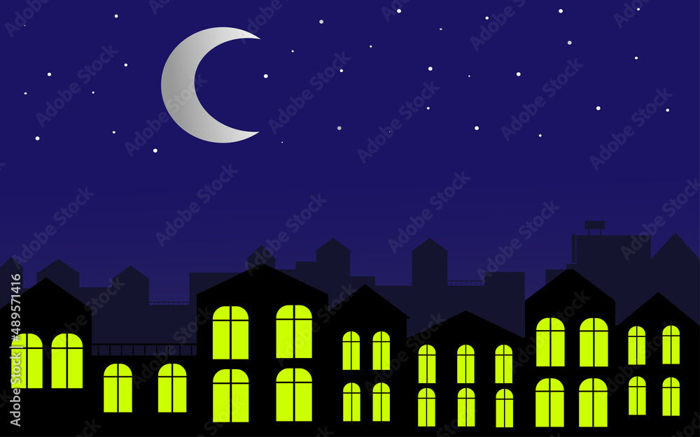 City at night. Bright moon and stars in the sky. Illustration. City at night. Bright moon and stars in the sky. Illustration.